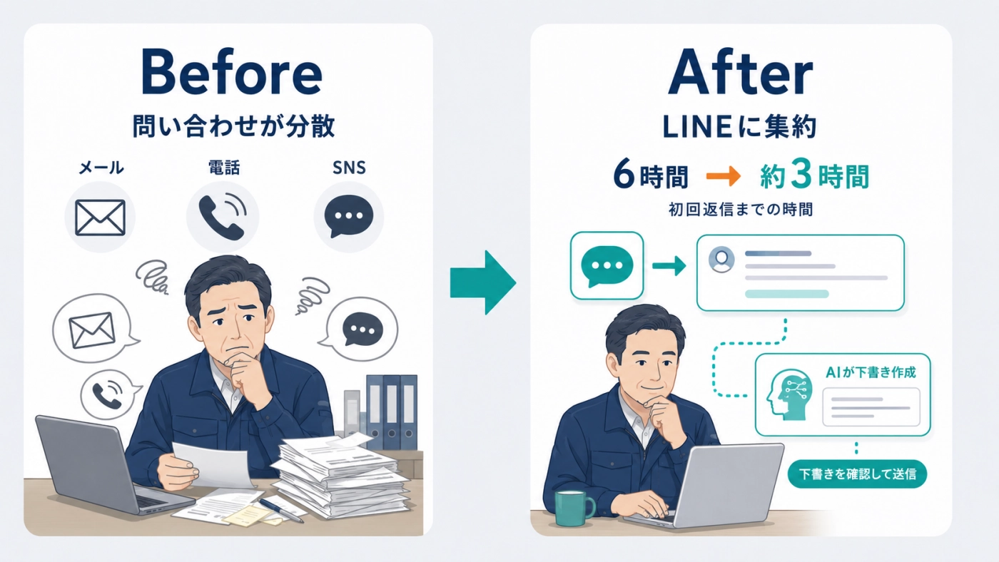問い合わせが分散していたBeforeから、LINEに集約して初回返信までの時間が6時間から約3時間になったAfterへの変化を示した図