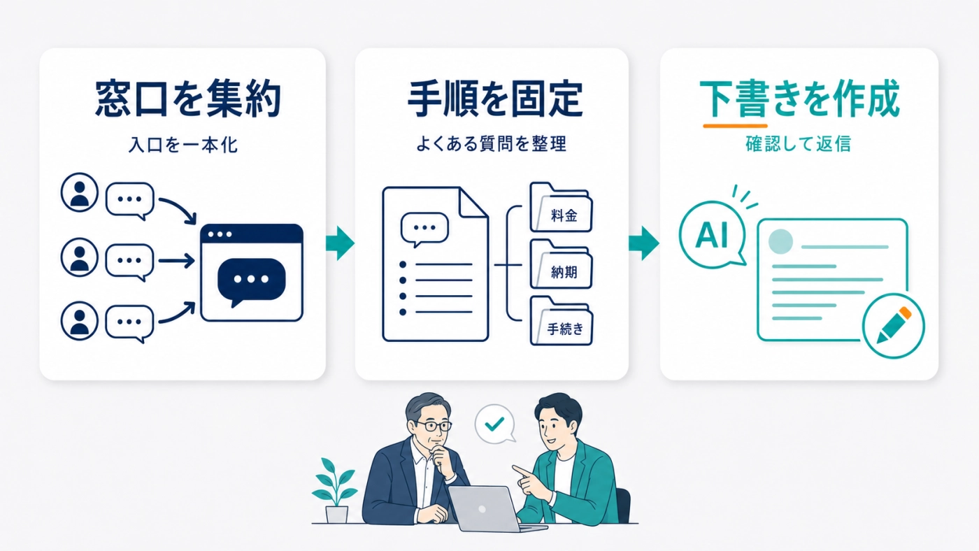 問い合わせ窓口を集約し、手順を固定し、AIで下書きを作成する3ステップの施策を示した図