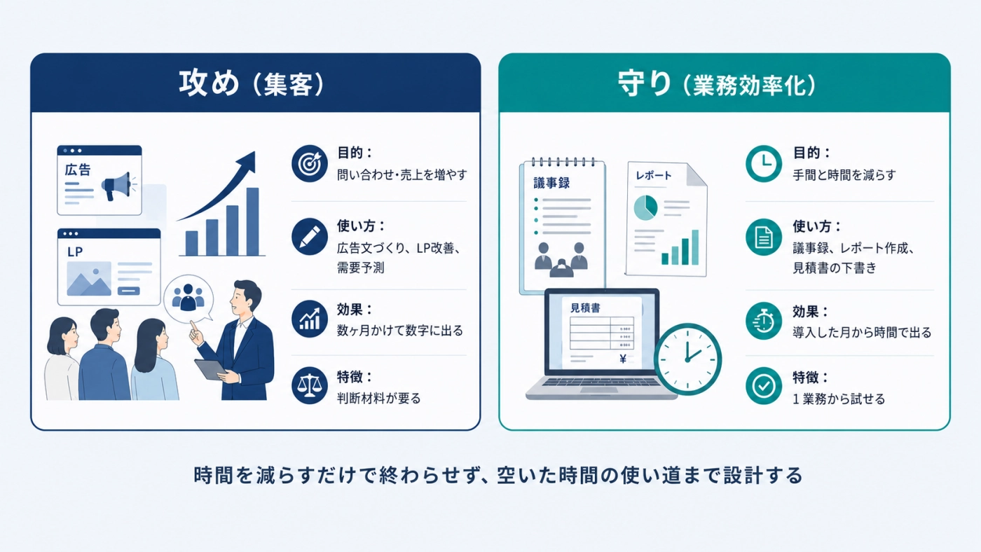 AI×DXの攻め（集客）と守り（業務効率化）の目的・使い方・効果の違いを比べた図解