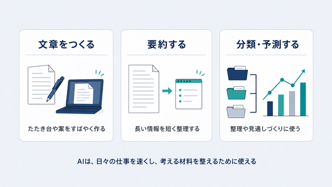 AIが得意な3つのこと。文章をつくる・要約する・分類や予測をする