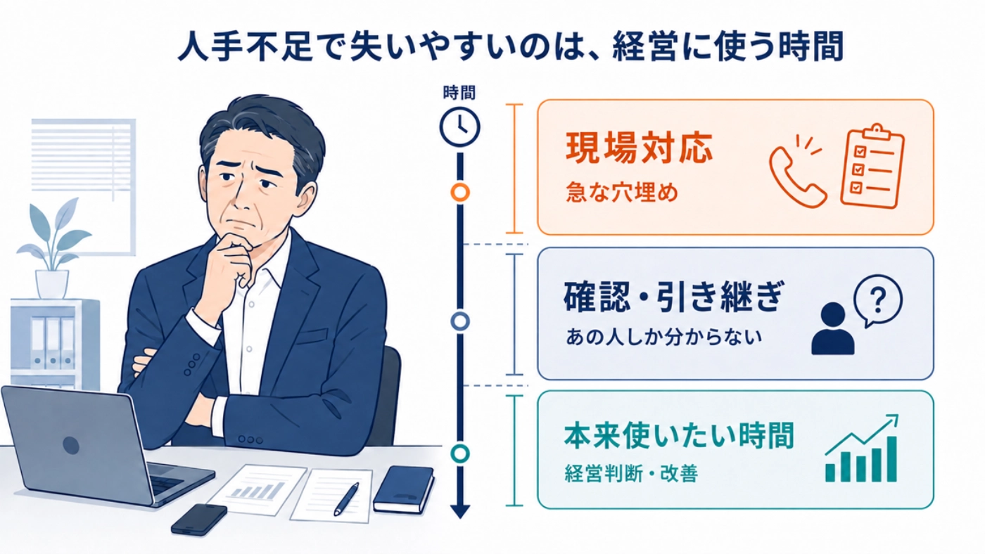 人手不足で社長の時間が現場対応や確認に奪われ、経営判断の時間が失われていく構造の図解