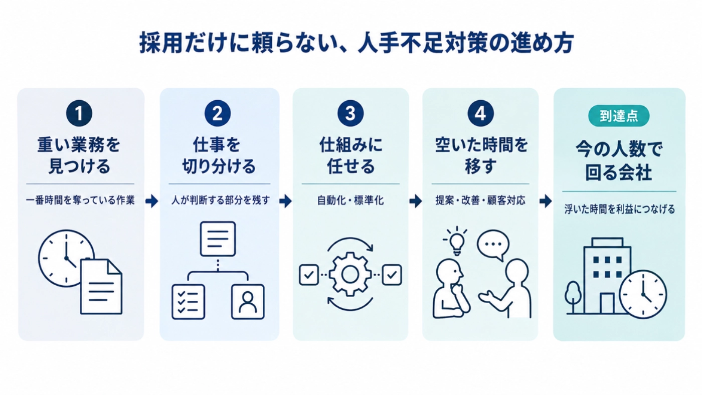重い業務を見つける・仕事を切り分ける・仕組みに任せる・空いた時間を移すという人手不足対策の進め方の図解