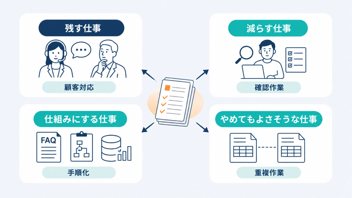 業務を「残す・減らす・仕組みにする・やめてもよさそう」の4つに仕分けする図