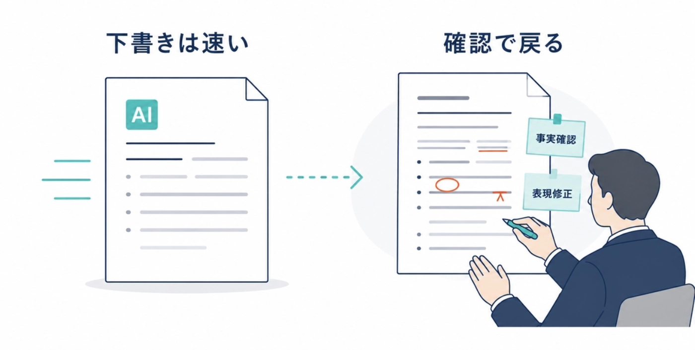 AIの下書きは速いが、事実確認や表現修正のため確認で作業が戻ってしまう様子