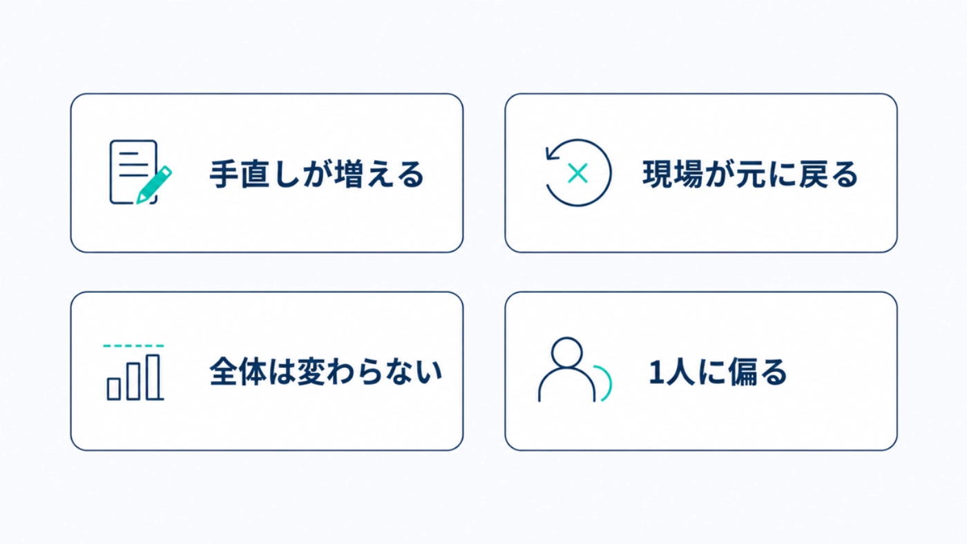 手直しが増える・現場が元に戻る・全体は変わらない・1人に偏る、という4つのつまずき