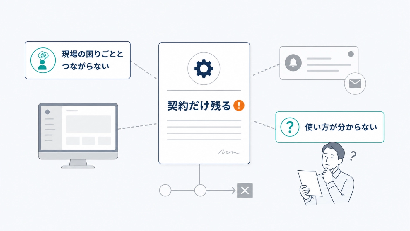 現場の困りごととつながらないと契約だけ残り、使い方が分からないまま終わる