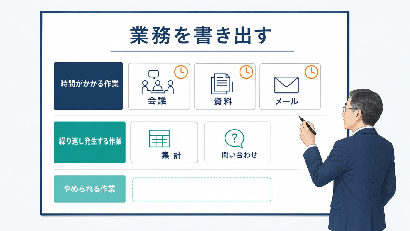 業務の棚卸し——時間がかかる作業・繰り返し発生する作業・やめられる作業を書き出す