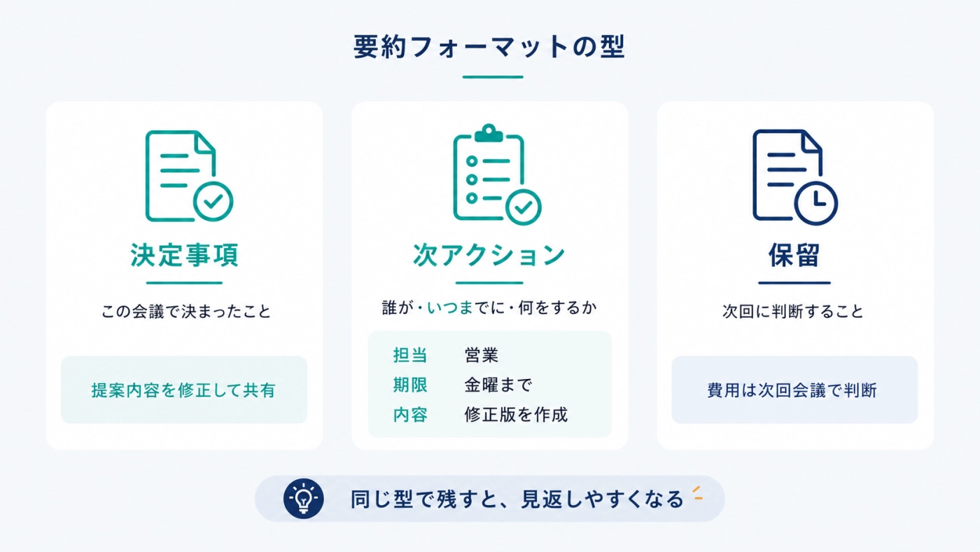 決定事項・次アクション・保留をそろえる要約フォーマットの型の図