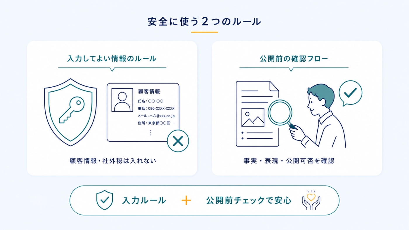 AIを安全に使う2つのルール（入力してよい情報のルールと公開前の確認フロー）を示す図