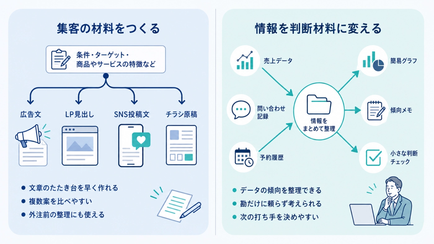 AIマーケティングの2つの役割。広告文やSNS投稿など集客の材料をつくることと、売上データや問い合わせ記録を判断材料に変えること