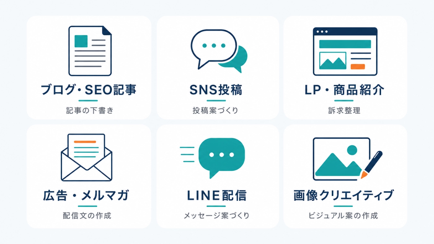 AIで作れるコンテンツの種類（ブログ・SNS・LP・広告メルマガ・LINE・画像）の一覧