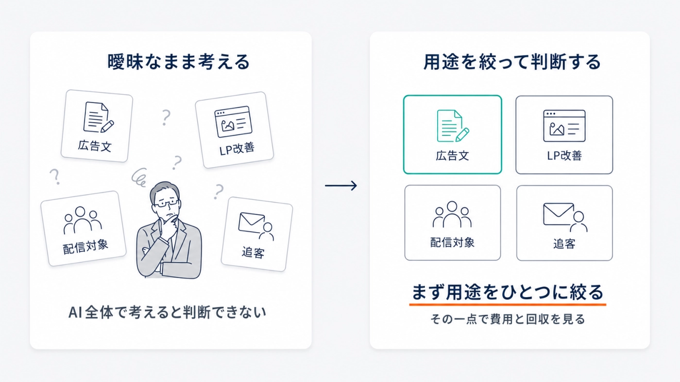 AI全体で曖昧に考えるのではなく、用途を一つに絞って費用対効果を判断する対比図
