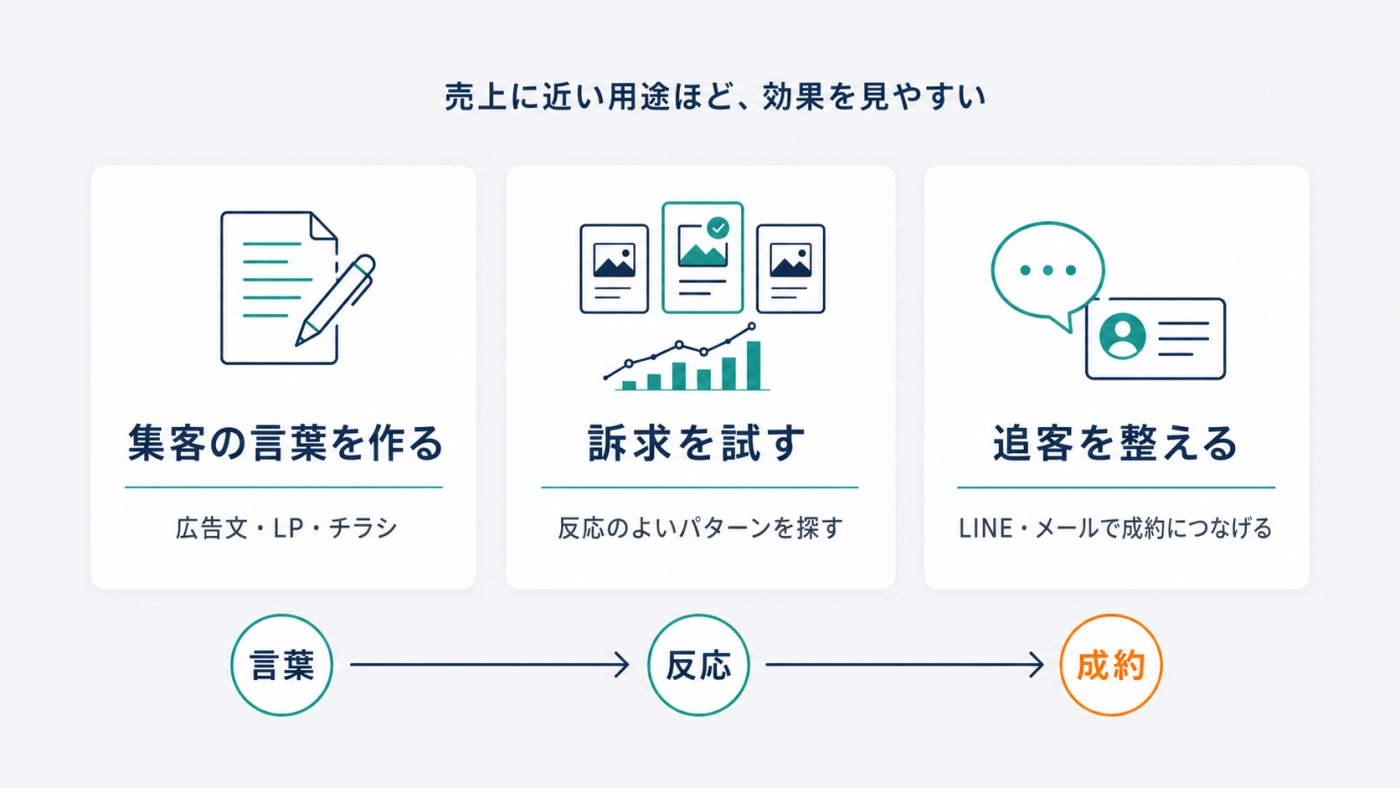 費用対効果が見えやすい売上に近い3つの用途（言葉づくり・訴求検証・追客）の図解
