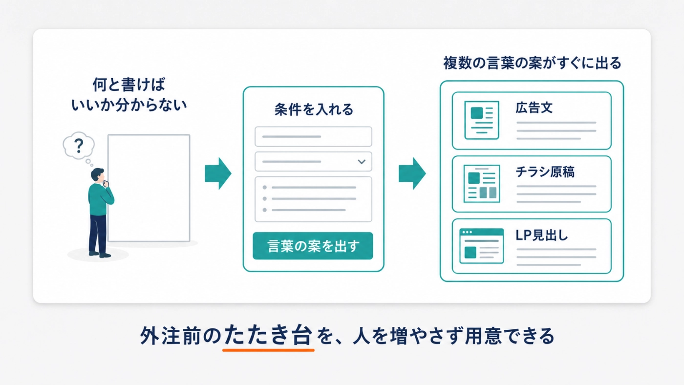 条件を入れると広告文・チラシ原稿・LP見出しの案が複数すぐ出るAI活用のイメージ