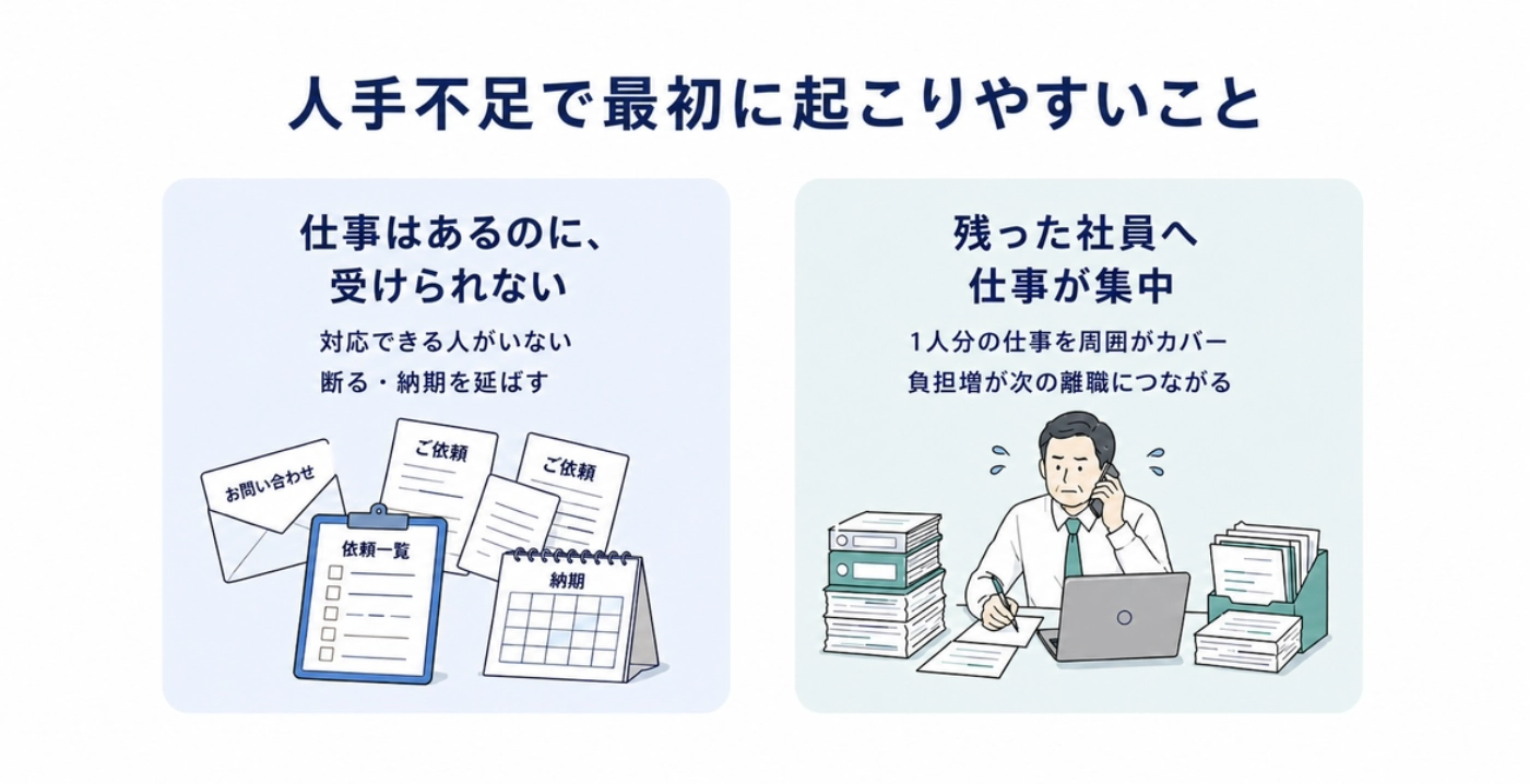 仕事はあるのに受けられない状況と、残った社員へ仕事が集中する状況を並べた図解