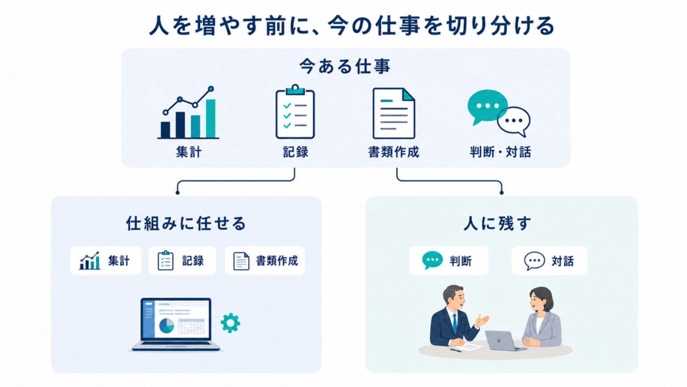 集計・記録・書類作成は仕組みに任せ、判断・対話は人に残す仕事の切り分けの図解