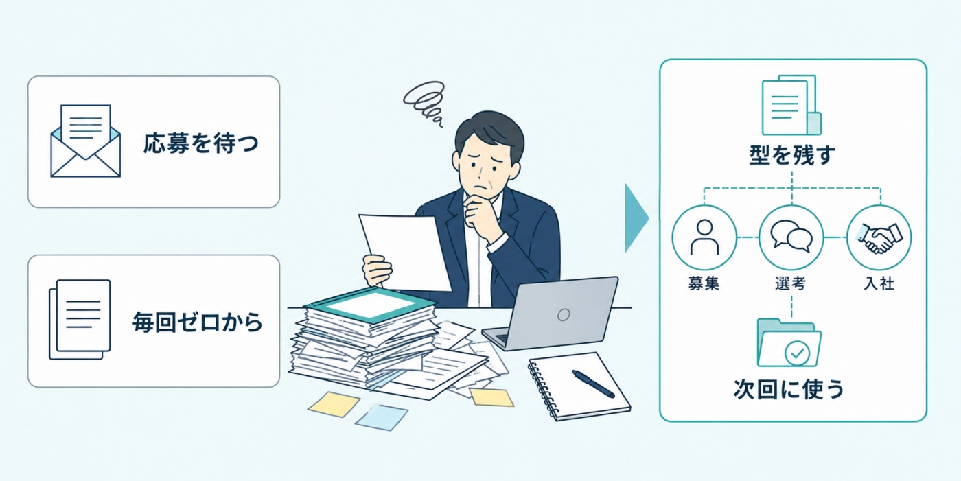 応募を待つ・毎回ゼロからのやり方から、型を残して次回に活かす採用の仕組みへの転換イメージ