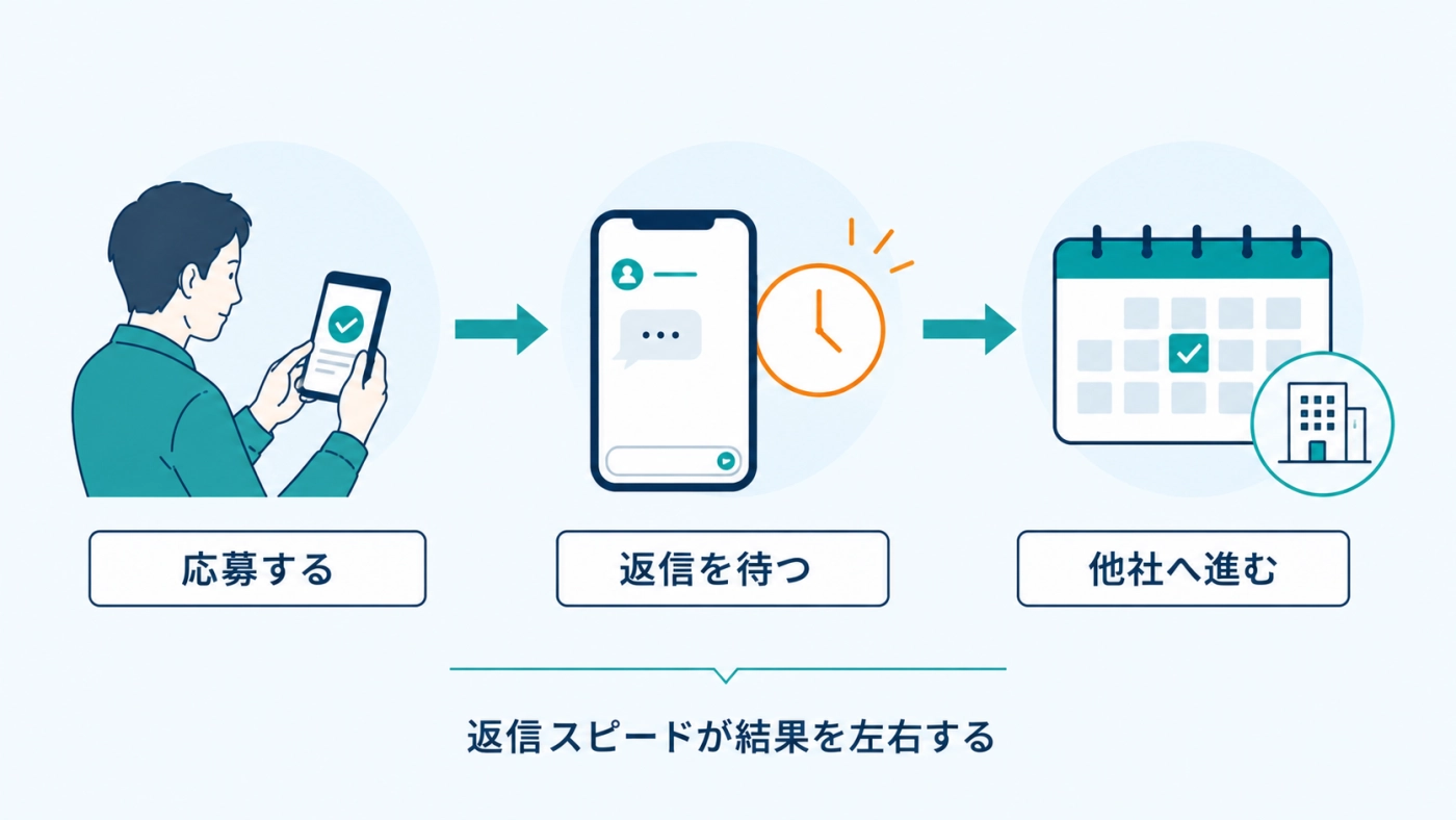 応募後に返信を待つ間に他社へ進んでしまう流れ——返信スピードが採用結果を左右するイメージ