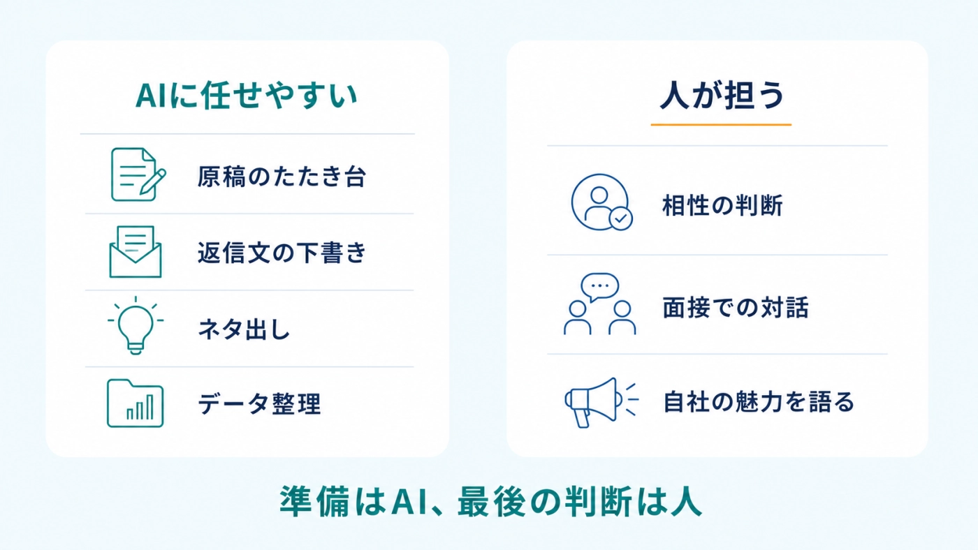 AIに任せやすい作業（原稿のたたき台・返信文の下書き・ネタ出し・データ整理）と人が担う仕事（相性の判断・面接での対話・自社の魅力を語る）の役割分担