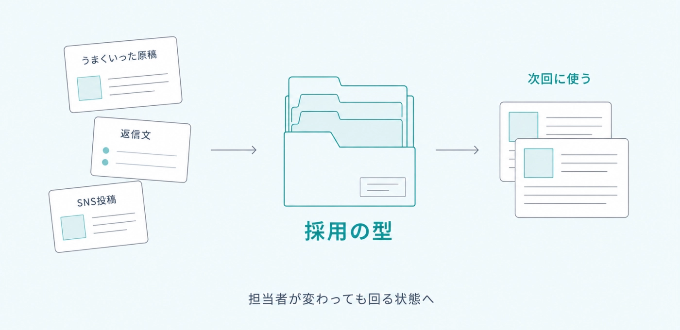 うまくいった原稿・返信文・SNS投稿を採用の型として残し、担当者が変わっても次回に使える仕組みにするイメージ