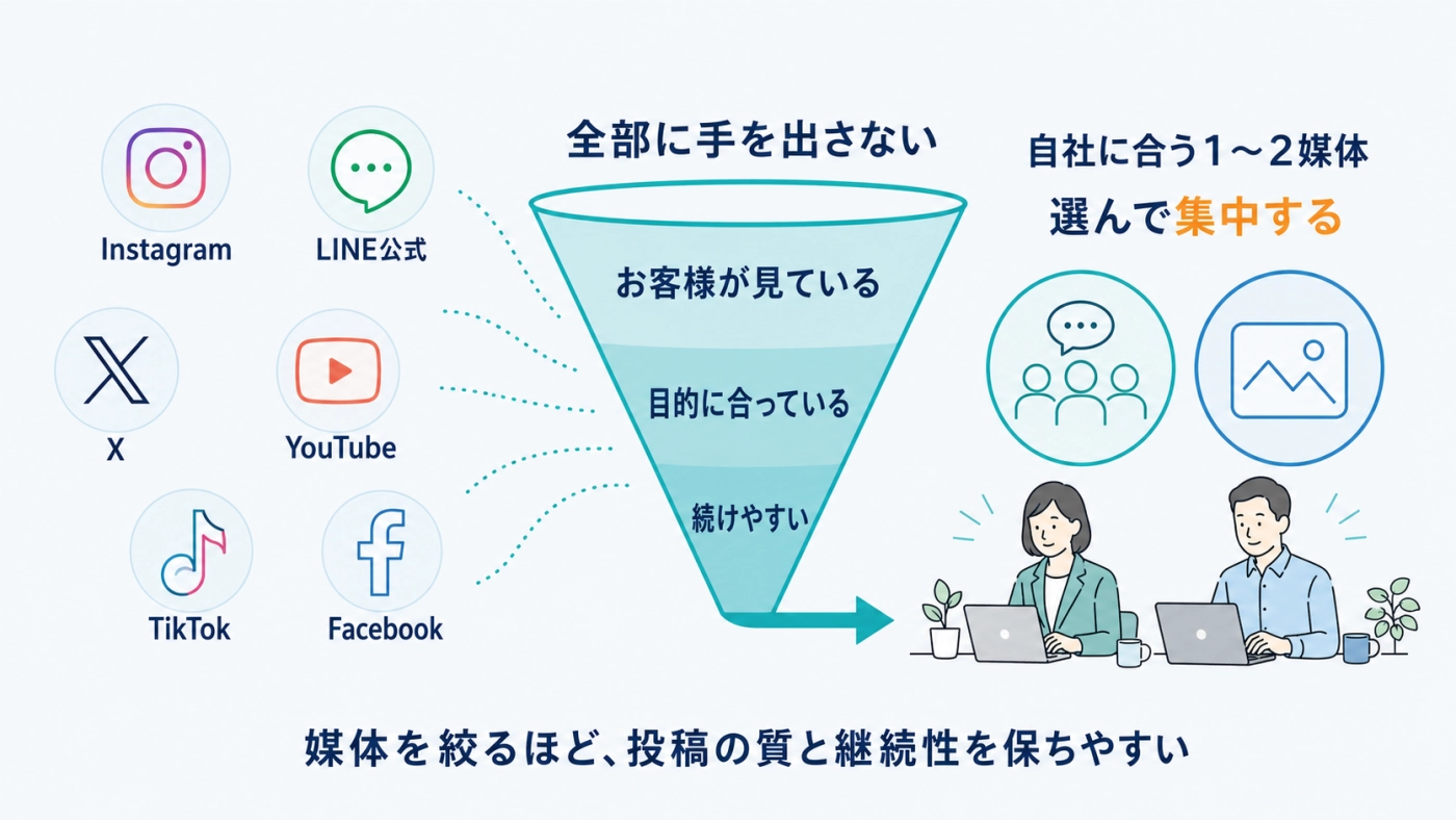 Instagram・LINE公式・X・YouTube・TikTok・Facebookから自社に合う1〜2媒体に絞り込む考え方の図解