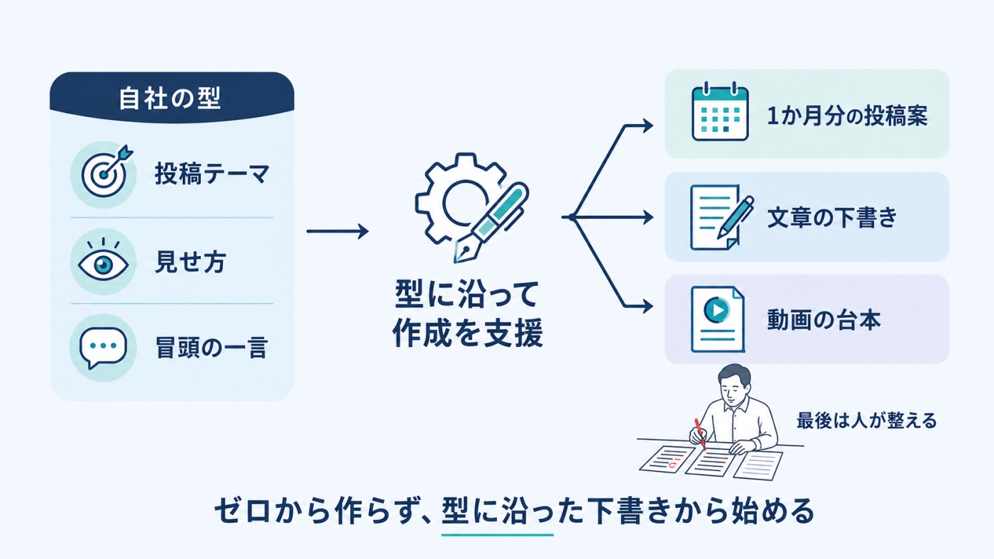 自社の型に沿って1か月分の投稿案・文章の下書き・動画の台本をAIが用意し、最後は人が整えるイメージ