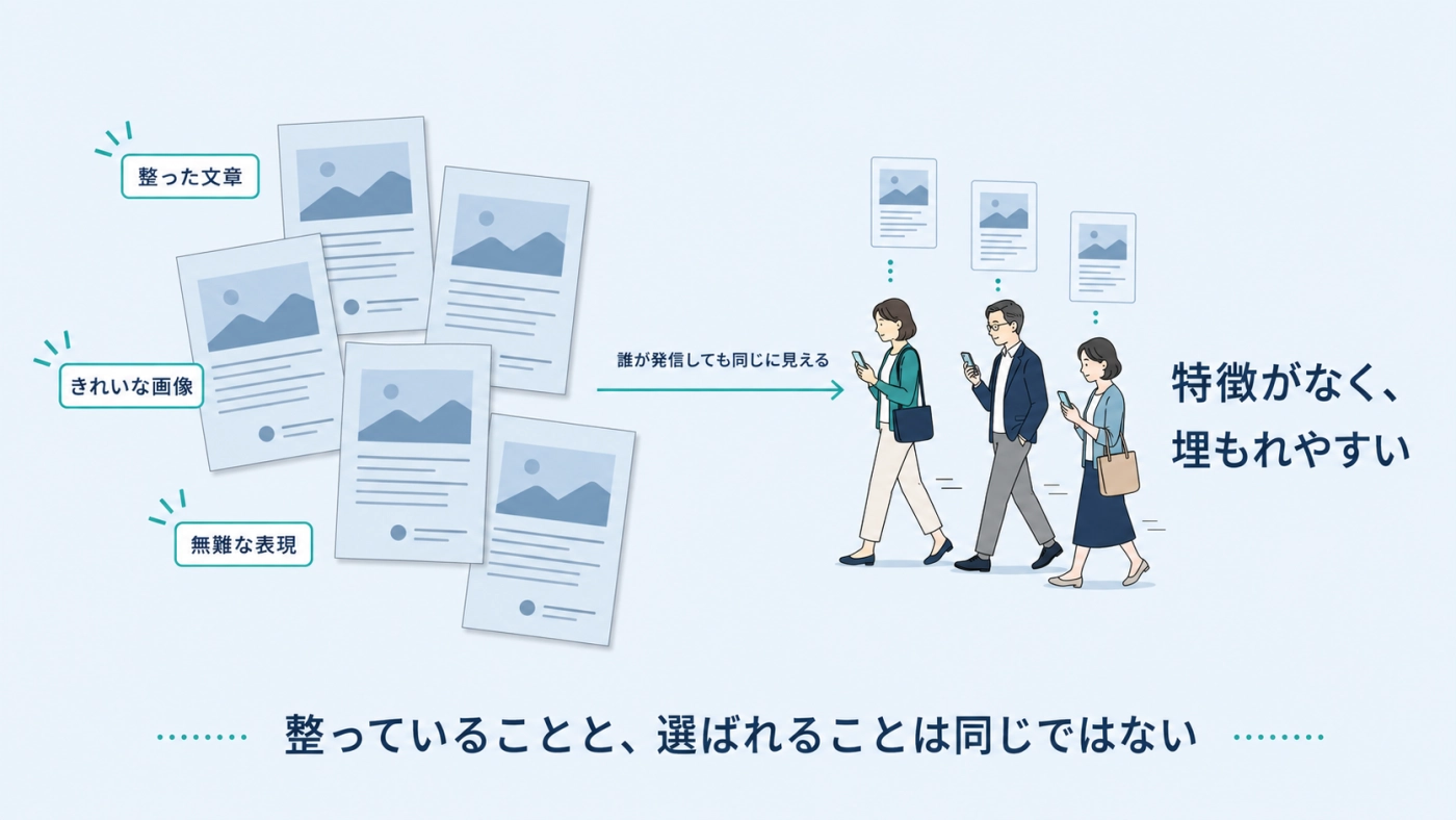 整った文章ときれいな画像でも、誰が発信しても同じに見えると埋もれやすくなることを示した図解
