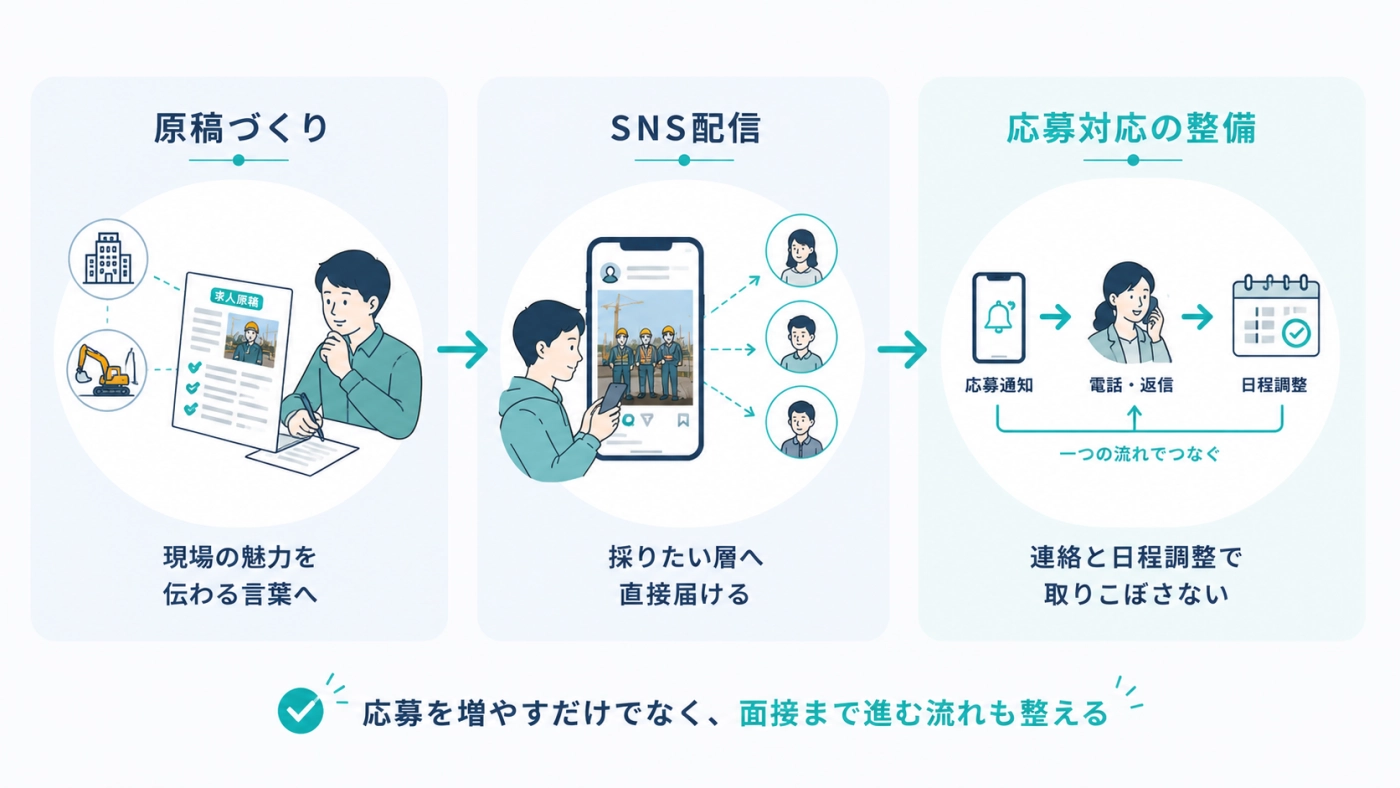 原稿づくり、SNS配信、応募対応の整備という3ステップで応募から面接までをつなぐ流れの図
