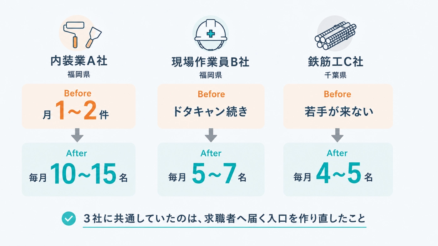 内装業A社・現場作業員B社・鉄筋工C社の応募数がBeforeからAfterへ変化した比較図